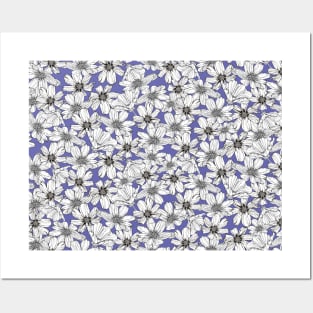 White Cosmos flowers on Very peri blue Posters and Art